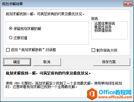 “规划求解结果”对话框